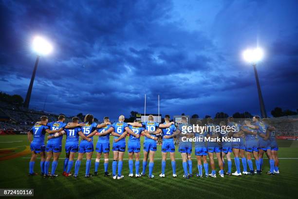 The Italian team forms a line before the 2017 Rugby League World Cup match between Fiji and Italy at Canberra Stadium on November 10, 2017 in...