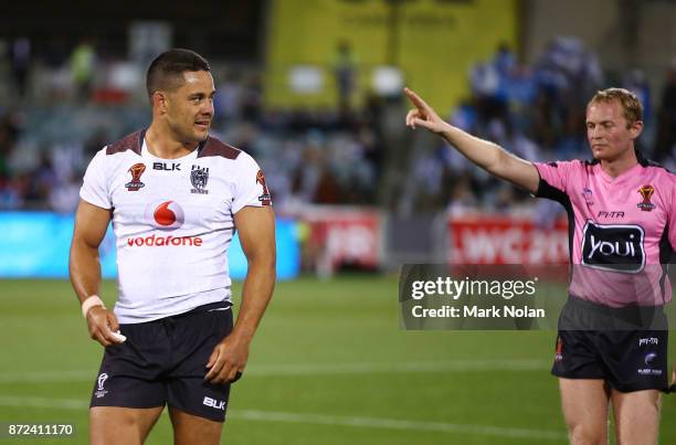 Jarryd Hayne of Fiji walks from the field after being sin binned during the 2017 Rugby League World Cup match between Fiji and Italy at Canberra...