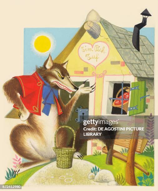 The big bad wolf in disguise knocking at the door of the three little pigs' house, children's illustration, drawing.