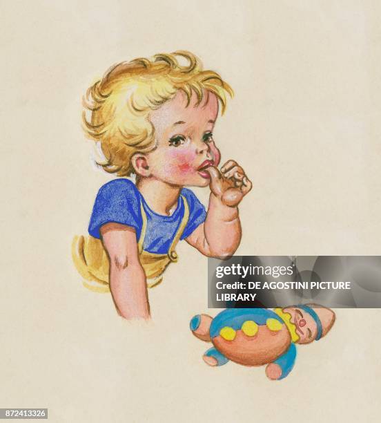 Thumb-sucking child and a cloth doll, children's illustration, drawing.