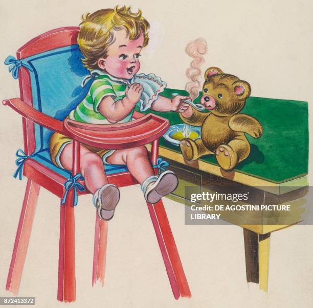 Boy feeds his teddy bear with a spoon, children's illustration, drawing.