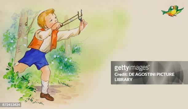 Boy hunting a bird with a slingshot, children's illustration, drawing.