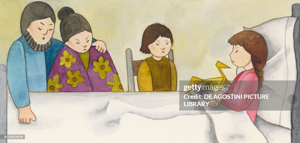 Sadako in her bed making paper crane, drawing
