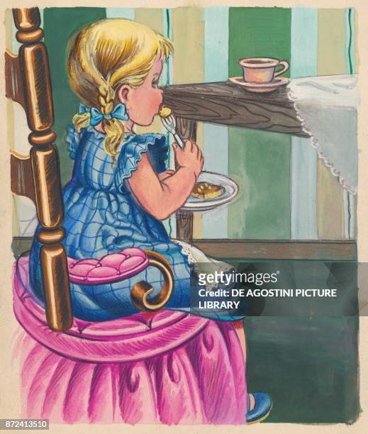 Little girl eating at a table too tall for her to reach, children's illustration, drawing.