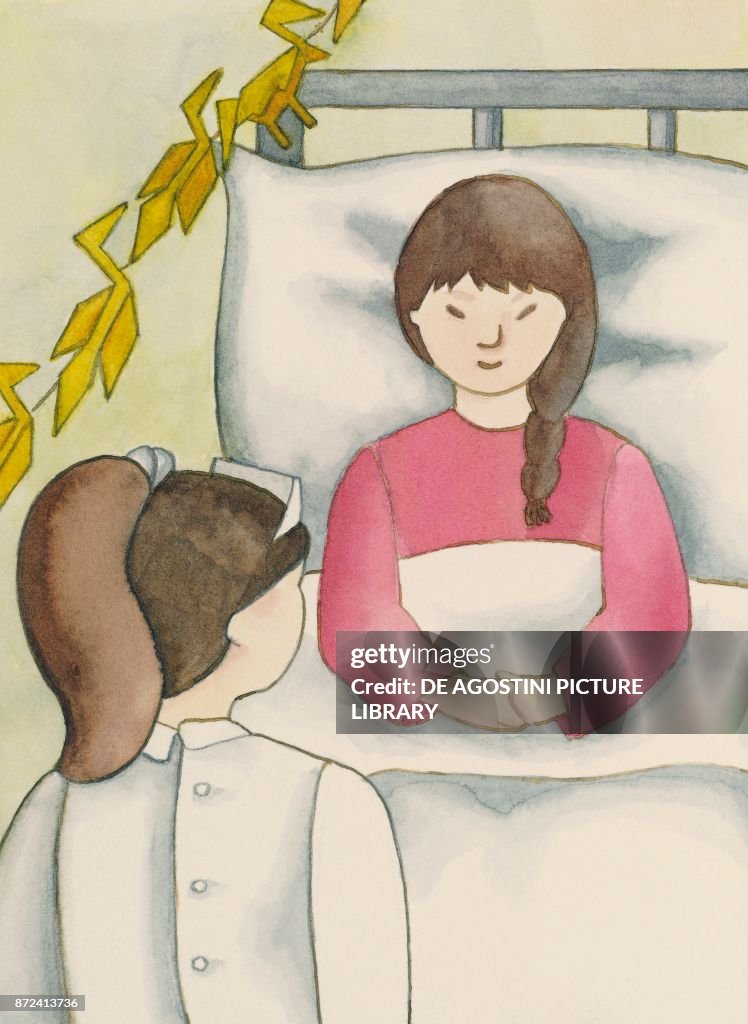 Sadako in bed at hospital with nurse, drawing