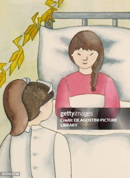 Sadako in her bed at the hospital with a nurse and some of her paper cranes, from the real story of Sadako Sasaki and the Thousand Paper Cranes,...