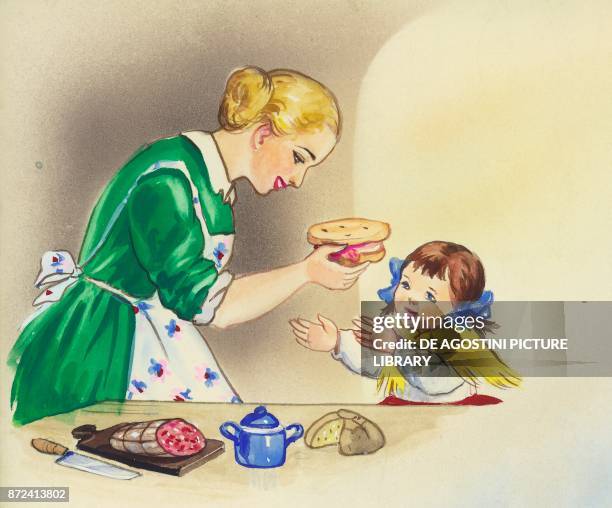 Mother making bread and salami for her daughter, children's illustration, drawing.