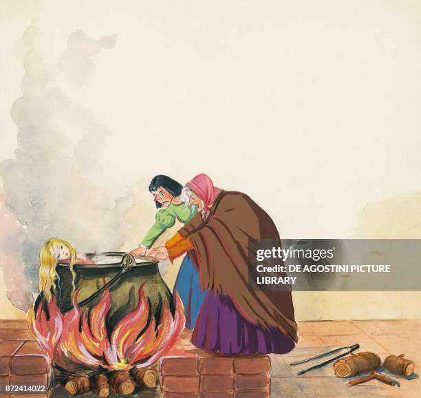 Stepmother and her daughter putting Sister in the pot, illustration for Brother and Sister, fairy tale by the Grimm brothers, Jacob and Wilhelm ,...