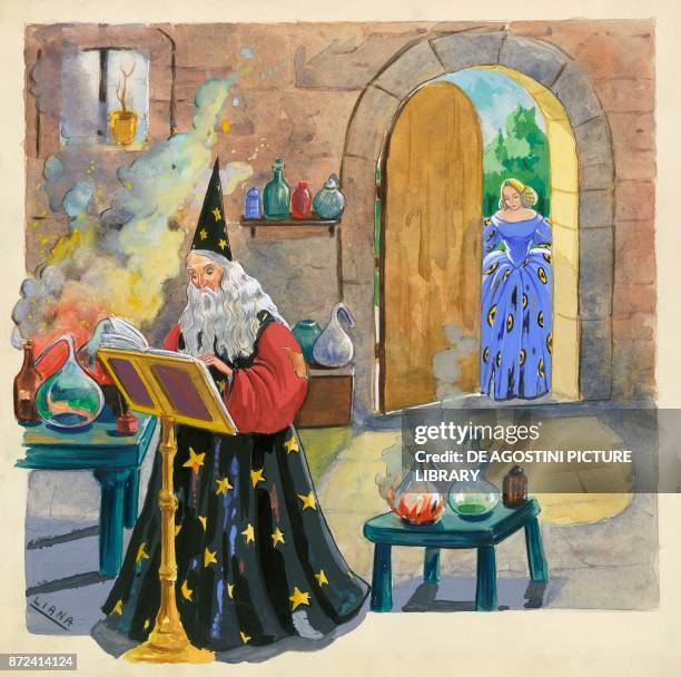Girl getting into the house of a wizard who is preparing potions and magic filters, children's illustration, drawing.