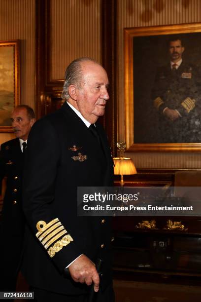 King Juan Carlos, close to a painting of his son King Felipe VI, attends Naval Museum board meeting on November 8, 2017 in Madrid, Spain.