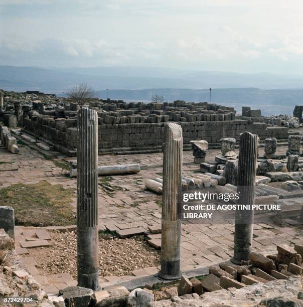 Ruins of columns, Acropolis of Pergamon, ancient Greek city in Aeolis , Turkey.