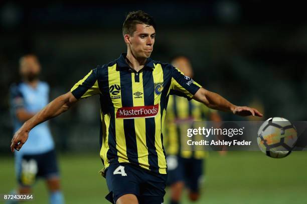 Jake McGing of the Mariners in action during the round six A-League match between the Central Coast Mariners and Sydney FC at Central Coast Stadium...