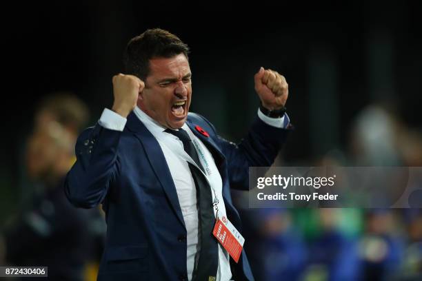 Paul Okon of the Mariners celebrates the win over Sydney during the round six A-League match between the Central Coast Mariners and Sydney FC at...