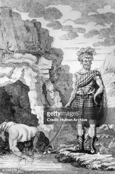 Alexander Bean, aka Sawney Bean, outside his cave in South Ayrshire, Scotland, circa 1500. He and his family are said to have killed and eaten over...