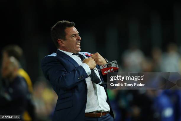 Paul Okon of the Mariners celebrates the win over Sydney during the round six A-League match between the Central Coast Mariners and Sydney FC at...