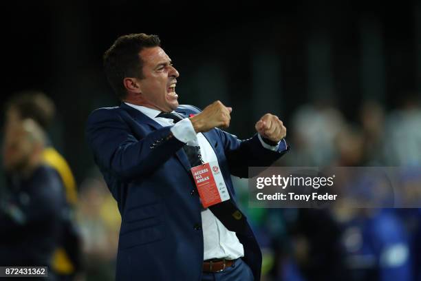 Paul Okon of the Mariners celebrates the win over Sydney during the round six A-League match between the Central Coast Mariners and Sydney FC at...