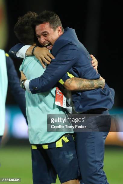 Paul Okon of the Mariners celebrates with his players after the round six A-League match between the Central Coast Mariners and Sydney FC at Central...