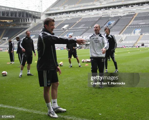 Newcastle manager Alan Shearer jokes with Ryan Taylor during a Newcastle United training session at St James' Park, on May 15 in Newcastle upon Tyne,...