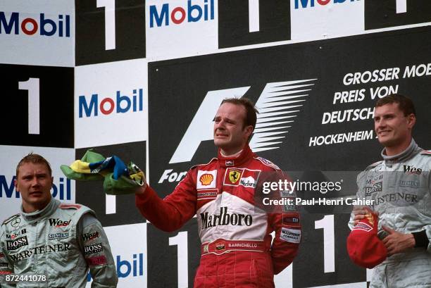 Rubens Barrichello, Mika Hakkinen, David Coulthard, Grand Prix of Germany, Hockenheimring, 30 July 2000. A very emotional Rubens Barrichello after...