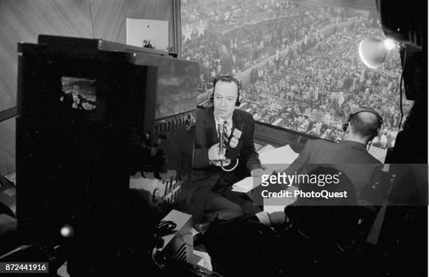 American broadcast journalist John Charles Daly on the air in the Convention Hall TV studio at the Democratic National Convention, Chicago, Illinois,...