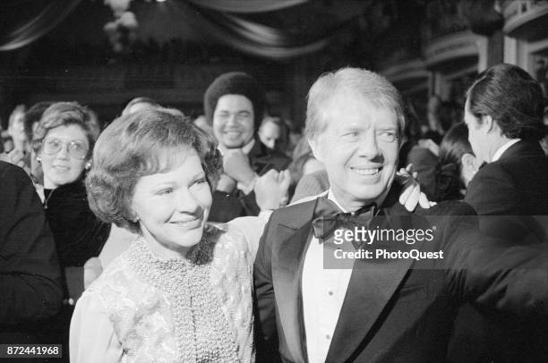 First Lady Rosalyn Carter and President Jimmy Carter greet well-wishers as they dance during one of their Inaugural Balls, Washington DC, January 20,...