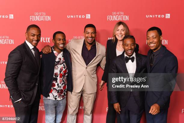 Anthony Mackie, Malcolm David Kelley, Laz Alonso, honoree Kathryn Bigelow, Algee Smith, and Tyler James Williams attend SAG-AFTRA Foundation Patron...