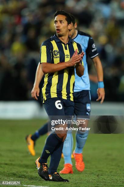 Tom Hiariej of the Mariners reacts during the round six A-League match between the Central Coast Mariners and Sydney FC at Central Coast Stadium on...