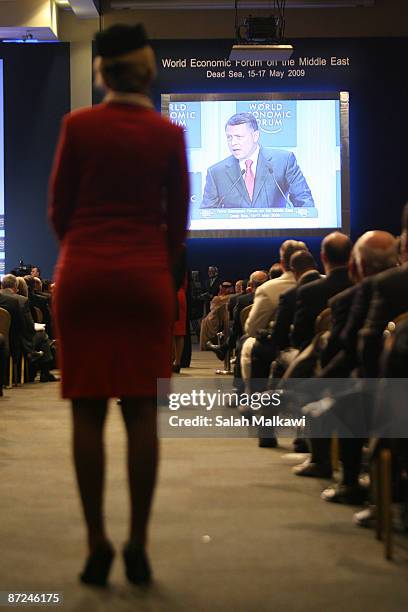 Jordan's King Abdullah II speaks at the opening of the World Economic Forum on the Middle East, on May 15 on the shores of the Dead Sea, Jordan. The...