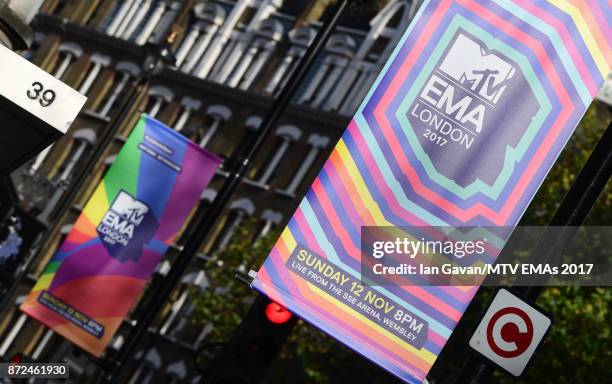 General view of MTV branding along Charing Cross Road ahead of the MTV EMAs 2017 on November 9, 2017 in London, England. The MTV EMAs 2017 is held at...