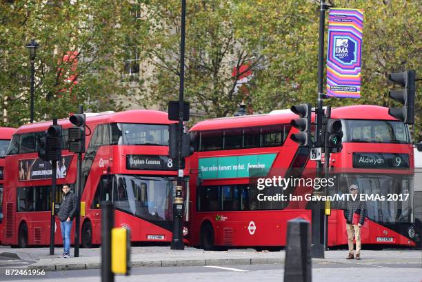 General view of MTV branding at Trafalgar Square ahead of the MTV EMAs 2017 on November 9, 2017 in London, England. The MTV EMAs 2017 is held at The...