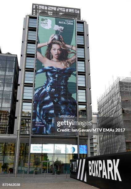 General view of MTV branding at Wembley Park ahead of the MTV EMAs 2017 on November 9, 2017 in London, England. The MTV EMAs 2017 is held at The SSE...