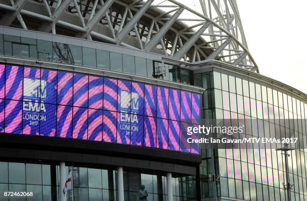 General view of MTV branding on Wembley Stadium at Wembley Park ahead of the MTV EMAs 2017 on November 9, 2017 in London, England. The MTV EMAs 2017...