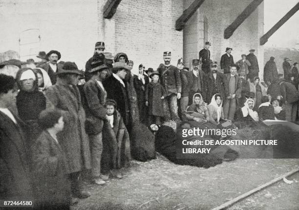 Survivors of the earthquake awaiting the train at the station of Cerchio, Abruzzo, Italy, photo by Garzini and Pizzini, from L'Illustrazione...