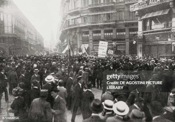 Patriotic manifestation in favour of the Italy's war entry in viale Dante, Milan, Italy, World War I, photo by Strazza from L'Illustrazione Italiana,...