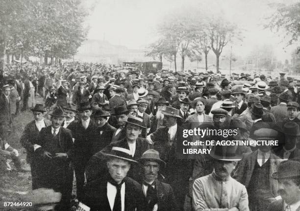 Gathering of the young recalled of the third categories, Parade Ground , Milan, June 9 Italy, World War I, from L'Illustrazione Italiana, Year XLII,...