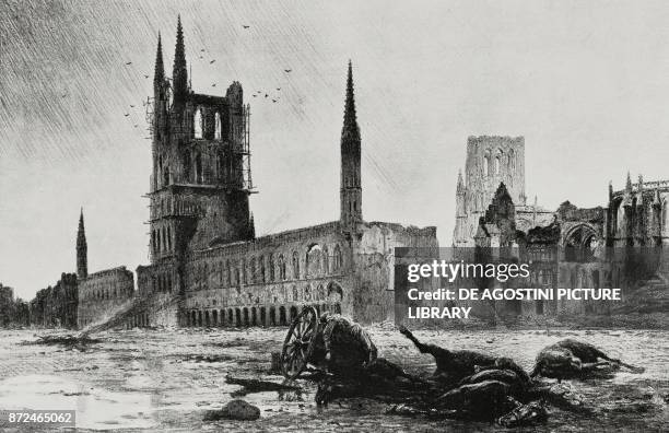 Famous Ypres memorials reduced to debris under the fire of German cannons, France, World War I, drawing by G Scott from L'Illustrazione Italiana,...