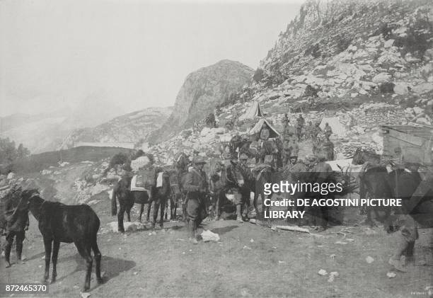 Peaks painstakingly conquered by the Alpini troops in Upper Carnia: from the left, Zellonkofel, Pal Piccolo and Freikofel, Italy, World War I, photo...