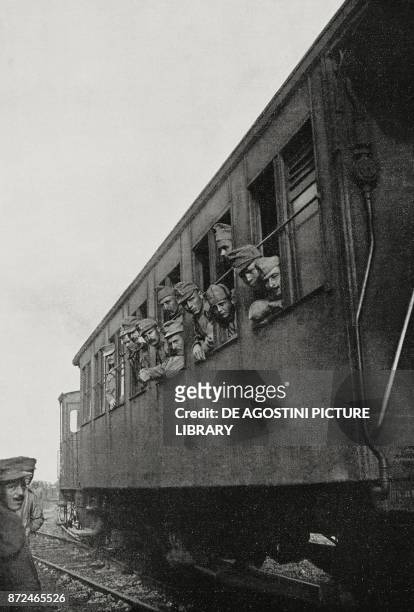 Railcar loaded with Austrian prisoners caught on the Karst , Italy, World War I, from L'Illustrazione Italiana, Year XLII, No 45, November 7, 1915.