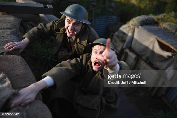Actors Sam Duncane and Jake Morgan, from the Somme-inspired West End production The Wipers Times pose for photographs in a recreated First World War...