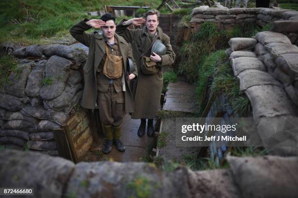 Actors Sam Duncane and Jake Morgan, from the Somme-inspired West End production The Wipers Times pose for photographs in a recreated First World War...