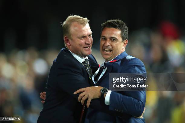 Shaun Mielekamp CEO of the Mariners celebrates the win over Sydney with Mariners coach Paul Okon during the round six A-League match between the...