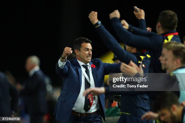 Paul Okon of the Mariners celebrates the win over Sydney during the round six A-League match between the Central Coast Mariners and Sydney FC at...