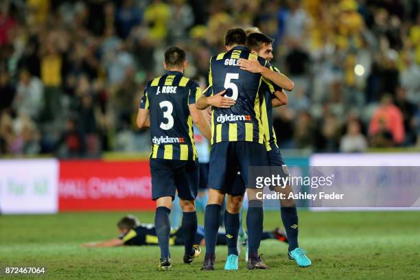 Andrew Hoole of the Mariners celebrates a goal with his team mates during the round six A-League match between the Central Coast Mariners and Sydney...