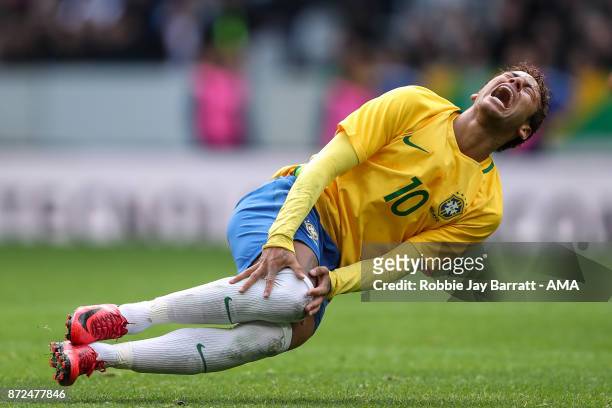 Neymar Jr of Brazil reacts during the international friendly match between Brazil and Japan at Stade Pierre-Mauroy on November 10, 2017 in Lille,...