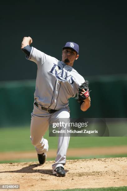 Matt Garza of the Tampa Bay Rays pitches during the game against the Oakland Athletics at the Oakland Coliseum on April 25, 2009 in Oakland,...