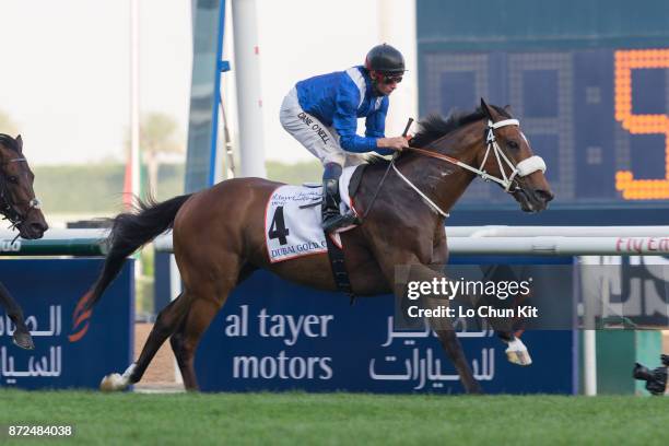 Jockey Dane O'Neill riding Mushreq in the Dubai Gold Cup during the Dubai World Cup race day at the Meydan racecourse on March 28, 2015 in Dubai,...