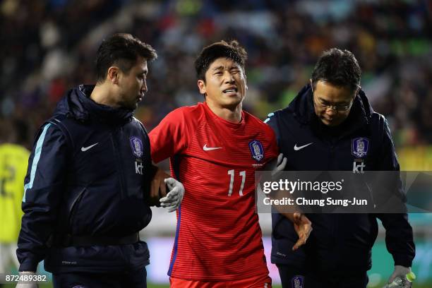 Lee Keun-Ho of South Korea injured during the international friendly match between South Korea and Colombia at Suwon World Cup Stadium on November...