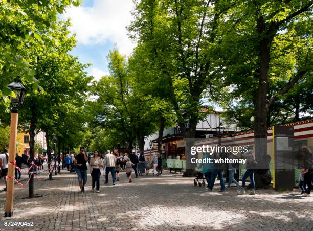 people walking near gröna lund amusement park in stockholm - djurgarden stock pictures, royalty-free photos & images