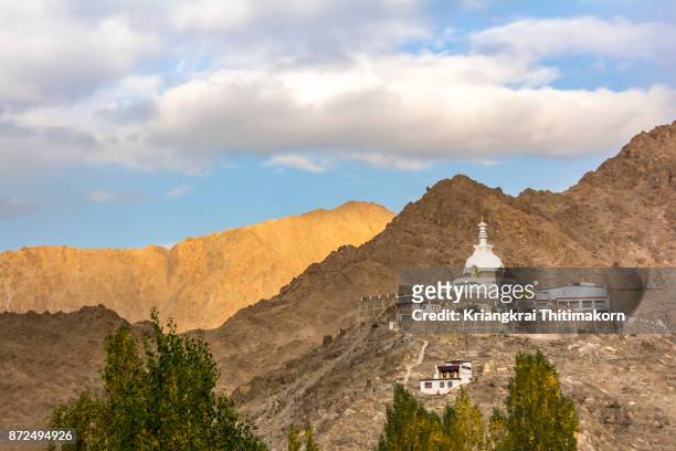 shanti stupa, leh city, ladakh, india. - tempel shanti stupa stock-fotos und bilder