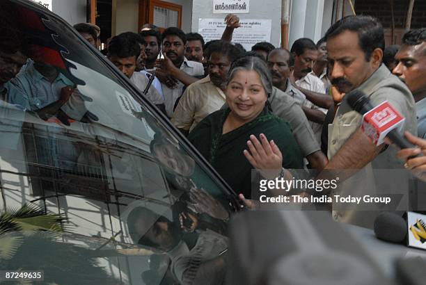 Supremo Jayalalithaa is showing her marked finger after casting her vote on May 13, 2009 in Chennai, India. India is the world's largest democracy...